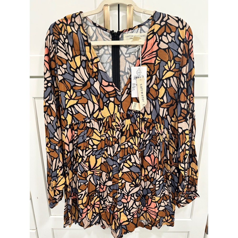 Saltwater Luxe Womens Multi Color Abstract Floral Long Sleeve Romper S